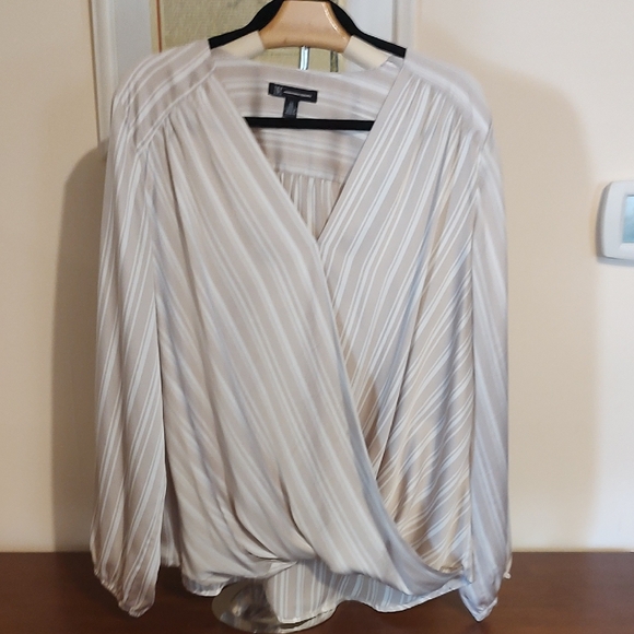 INC International Concepts Beige Striped Wrap Blouse - Picture 1 of 3